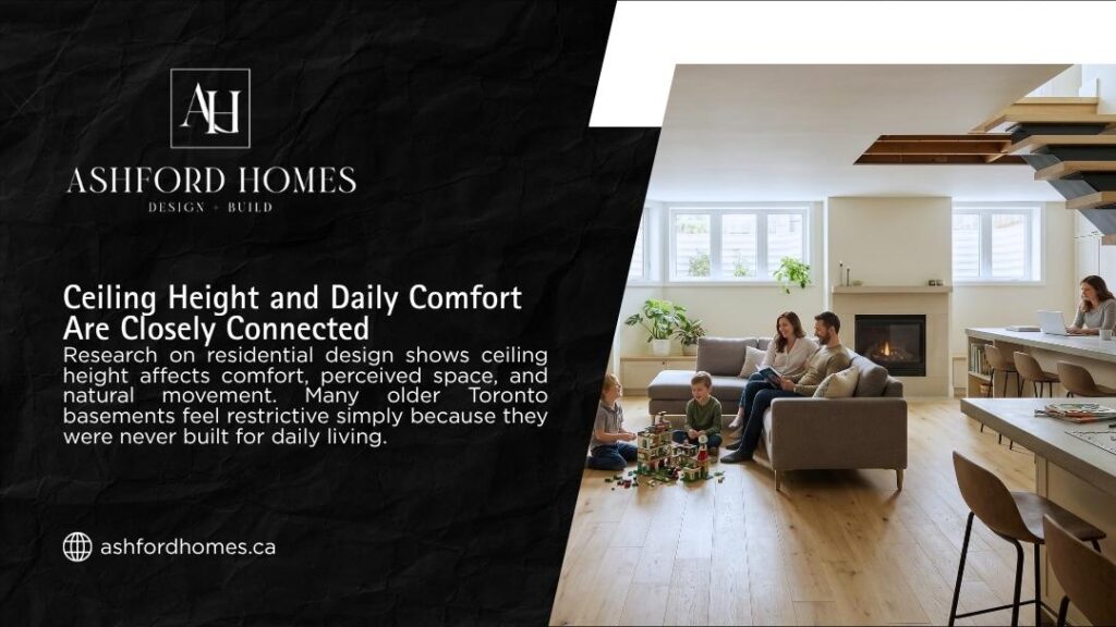 A family relaxing in a bright, modern basement with high ceilings, showcasing how ceiling height and daily comfort are connected in residential design by Ashford Homes.
