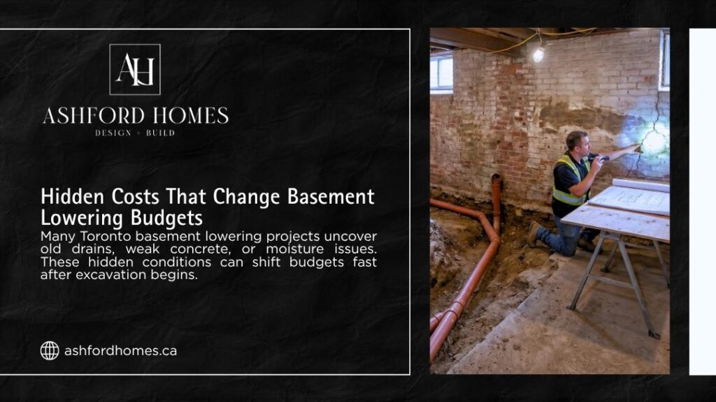 An inspector examines a cracked brick wall in a basement next to newly laid drainage pipes, representing hidden costs that change basement lowering budgets for renovation projects.