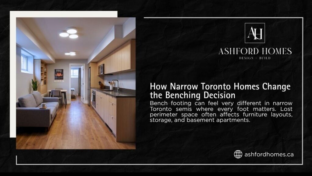 Ashford Homes infographic "How Narrow Toronto Homes Change the Benching Decision" showing a modern, finished narrow basement apartment with kitchen and living area.