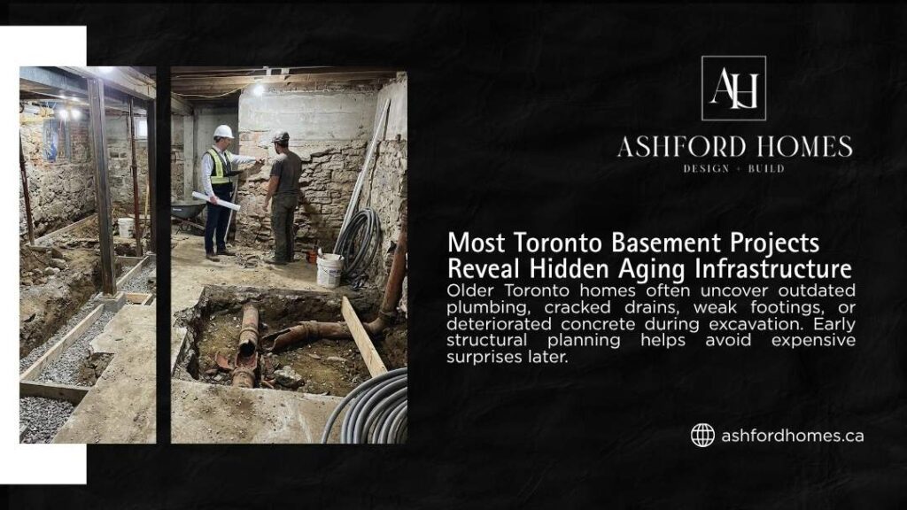 An exposed stone foundation and broken clay sewer pipe in an excavated basement, showing the hidden aging infrastructure found in Toronto home renovations by Ashford Homes.