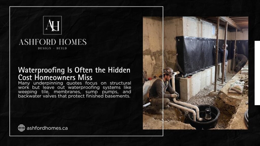 Ashford Homes infographic "Waterproofing Is Often the Hidden Cost Homeowners Miss" showing workers installing basement waterproofing membranes, drainage pipes, and a sump pump system.