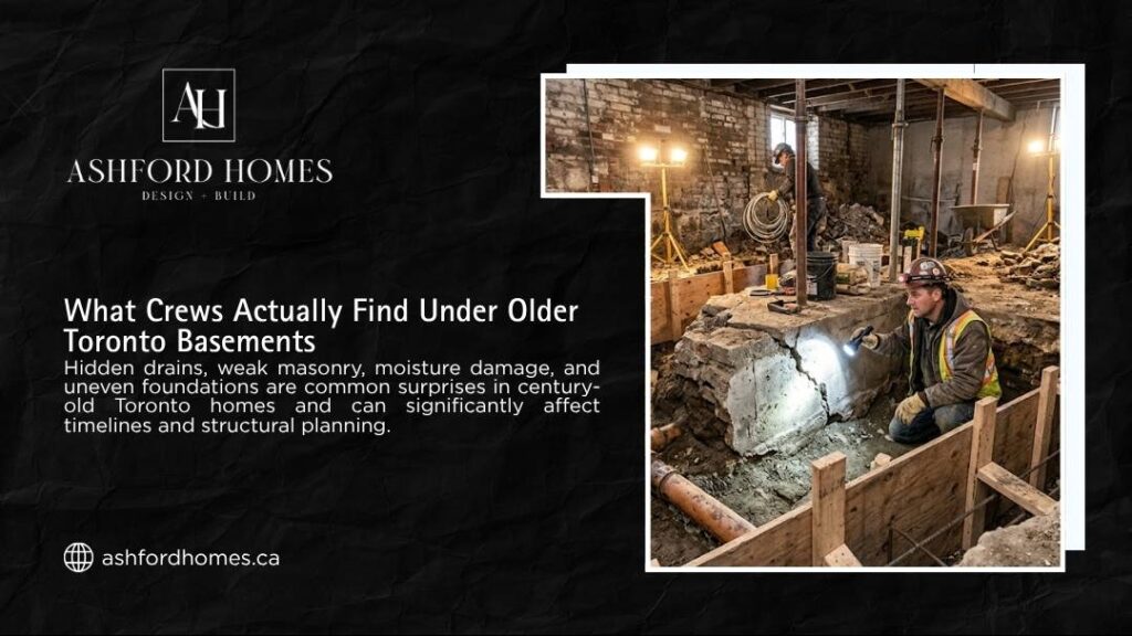 Construction worker inspecting a cracked foundation with a flashlight during excavation, revealing what crews actually find under older Toronto basements including weak masonry and hidden drains.