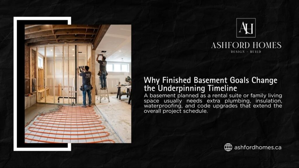 "Why Finished Basement Goals Change the Underpinning Timeline" showing workers installing underfloor heating pipes and framing in a basement renovation.