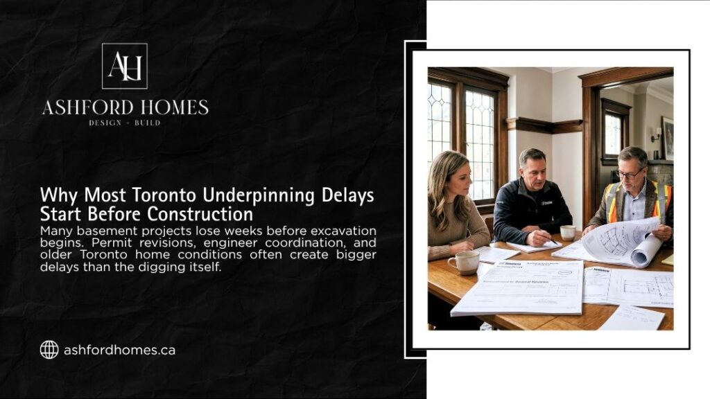 A couple reviews architectural plans with a contractor at a table, showing why most Toronto underpinning delays start before construction during the engineering and permit phase.