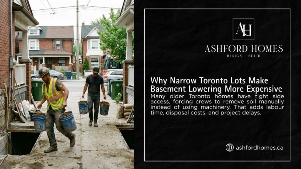Ashford Homes infographic "Why Narrow Toronto Lots Make Basement Lowering More Expensive" showing workers manually carrying buckets of soil from a tight residential basement excavatio