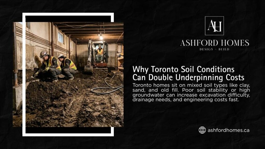 Ashford Homes infographic "Why Toronto Soil Conditions Can Double Underpinning Costs" showing workers in safety gear excavating a muddy basement foundation with a mini excavator.