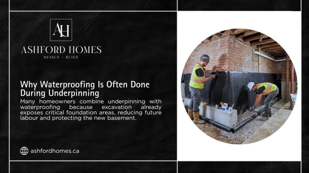 Construction workers install a dimpled membrane layer on a foundation wall, demonstrating why waterproofing is often done during underpinning to protect the new basement.