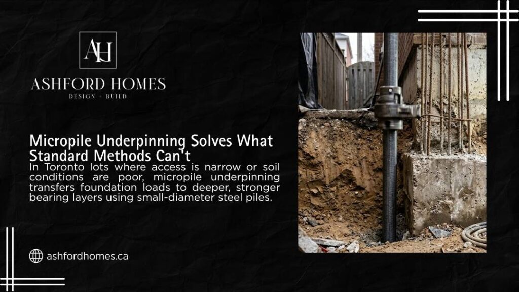 Ashford Homes infographic showing a steel micropile being driven into excavated soil beside a concrete foundation, used where narrow access or poor soil conditions exist.