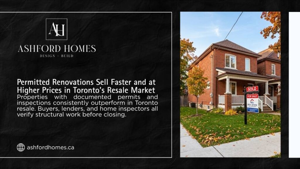 Ashford Homes infographic showing a sold Toronto brick home with a "For Sale" sign, highlighting how permitted renovations sell faster and at higher prices.