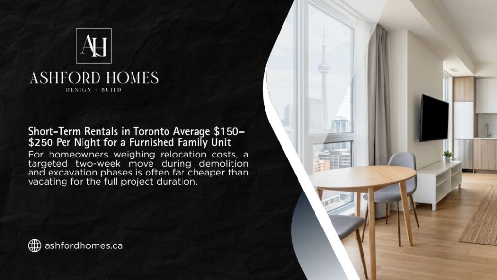 Ashford Homes infographic showing a furnished Toronto apartment with CN Tower views, noting short-term rentals average $150–$250/night for families during renovations.