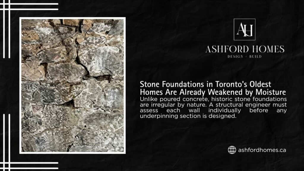 Ashford Homes infographic showing a cracked, moisture-damaged stone foundation in an older Toronto home, emphasizing the need for structural engineering before underpinning.