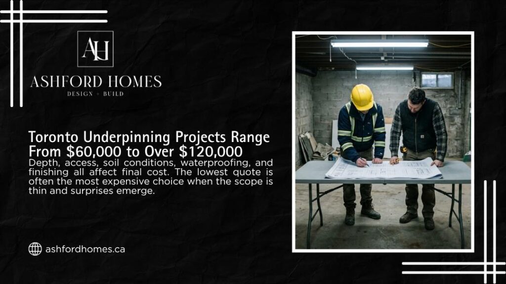 Ashford Homes infographic showing two contractors reviewing blueprints in a basement, illustrating Toronto underpinning project costs ranging from $60,000 to over $120,000.