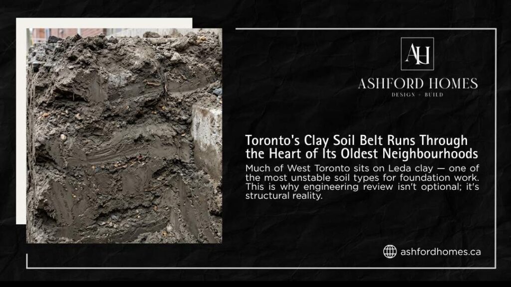 Ashford Homes infographic showing excavated Leda clay soil in Toronto's oldest neighbourhoods — one of the most unstable soil types for foundation work.