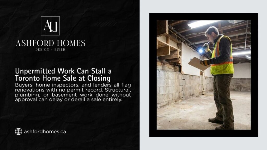 Ashford Homes infographic showing a home inspector with a flashlight and clipboard examining an unfinished basement, warning how unpermitted work can stall a Toronto home sale.