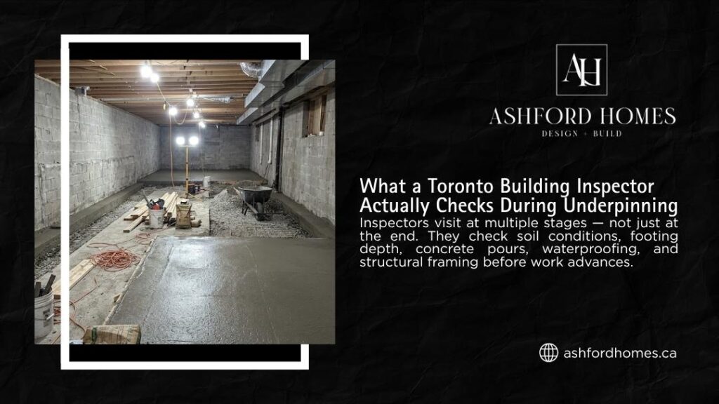 Ashford Homes infographic showing a Toronto basement underpinning in progress, with concrete floors, block walls, and construction materials under inspection.