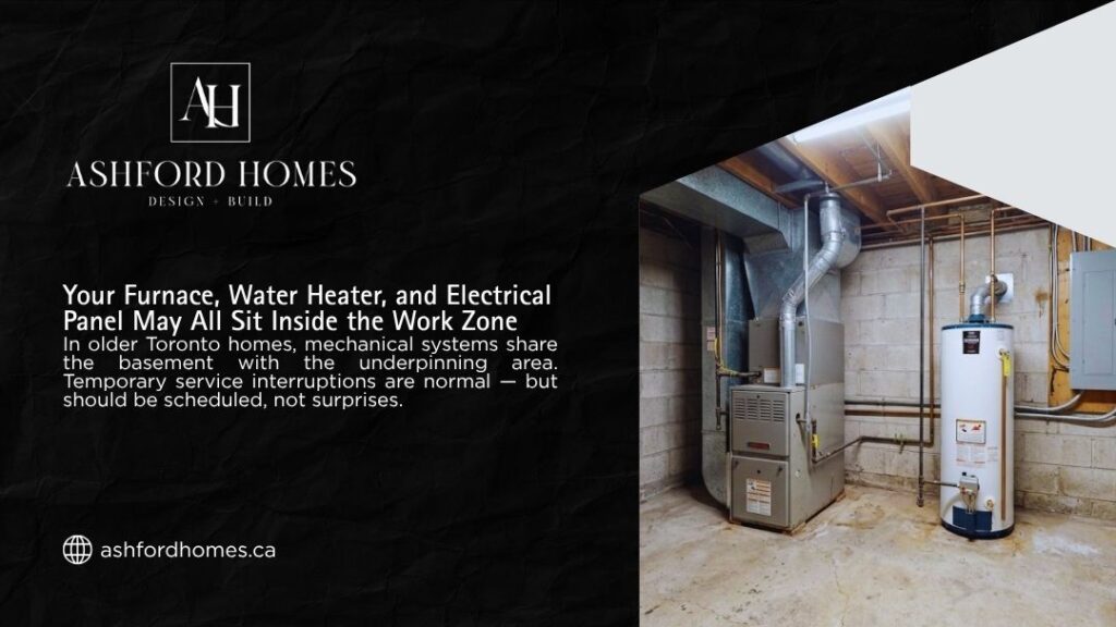 Ashford Homes infographic showing a Toronto basement with furnace, water heater, and electrical panel inside the underpinning work zone, noting planned service interruptions.