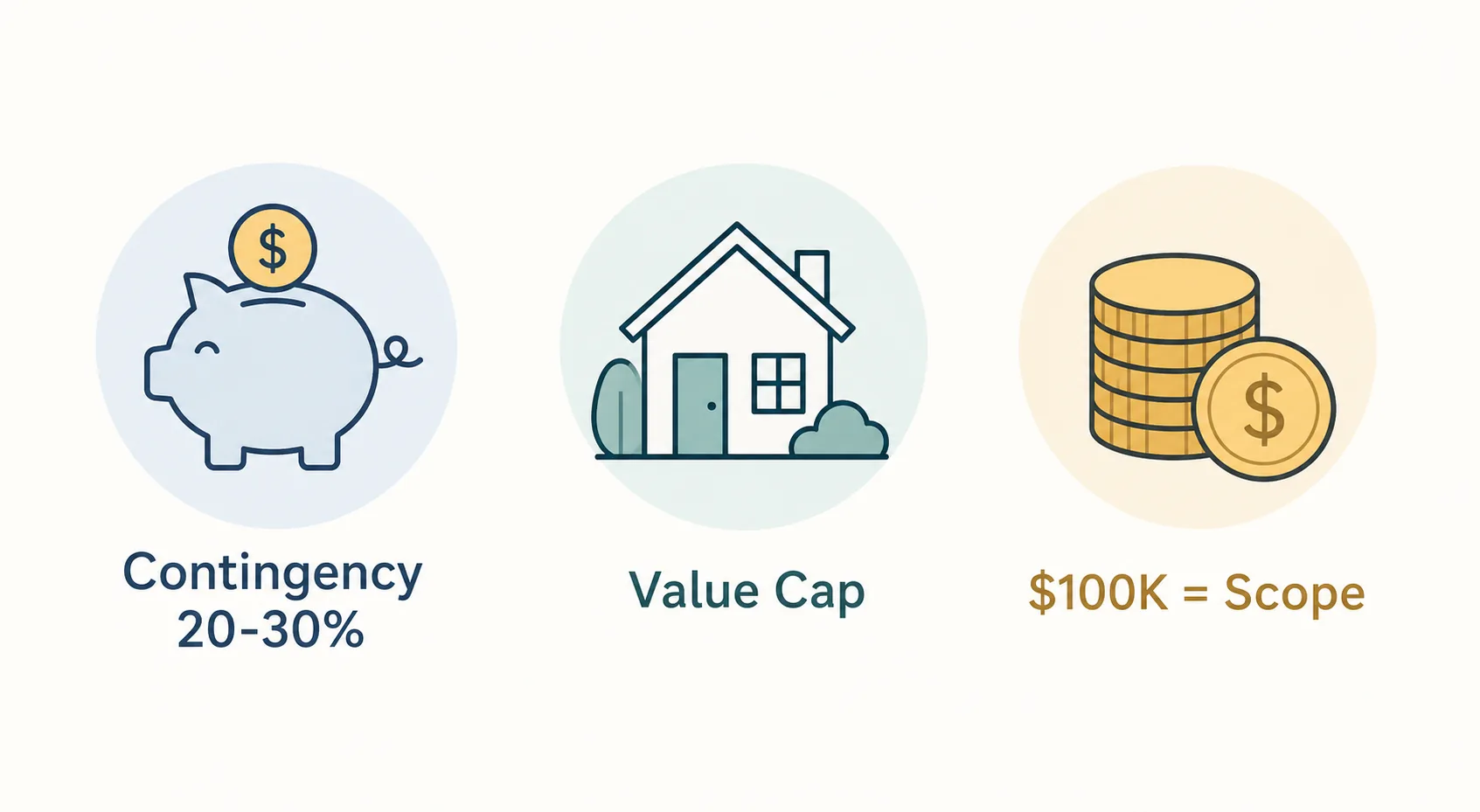 Infographic showing renovation budgeting basics: 20-30% contingency, home value cap, and scope-dependent costs