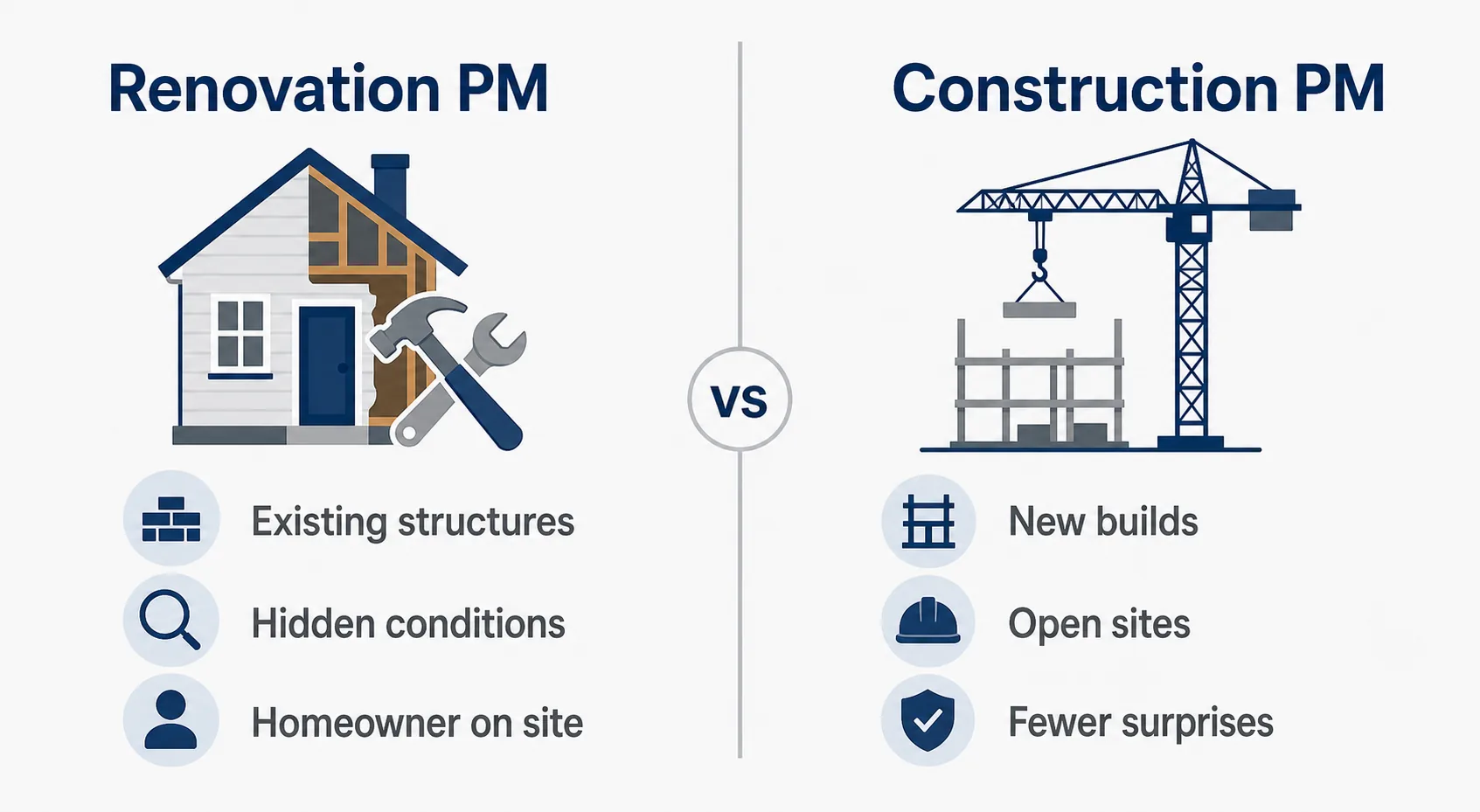 Side-by-side comparison of a renovation project manager versus a construction project manager across context, conditions, and site