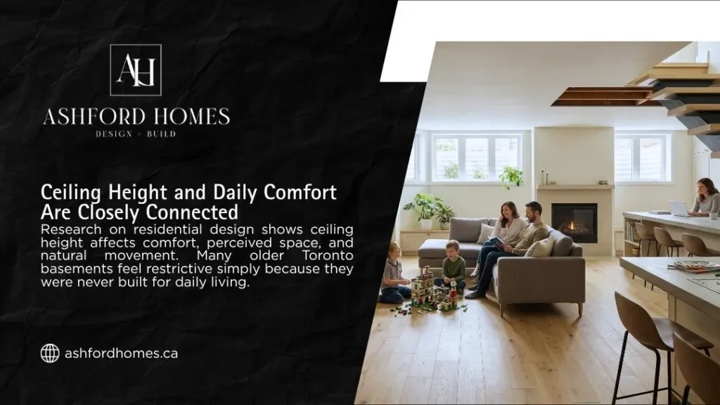 A family relaxing in a bright, modern basement with high ceilings, showcasing how ceiling height and daily comfort are connected in residential design by Ashford Homes.