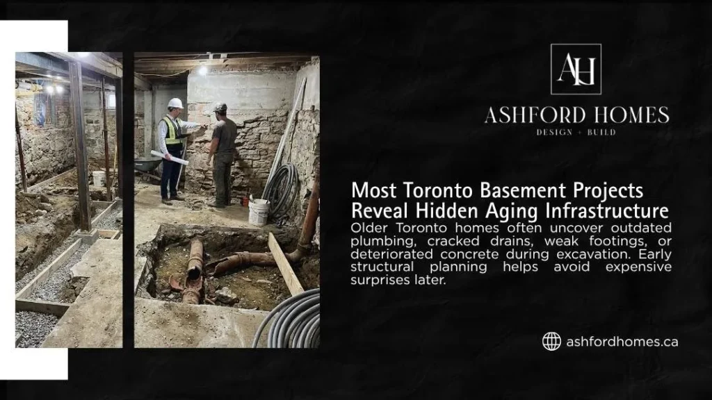 An exposed stone foundation and broken clay sewer pipe in an excavated basement, showing the hidden aging infrastructure found in Toronto home renovations by Ashford Homes.