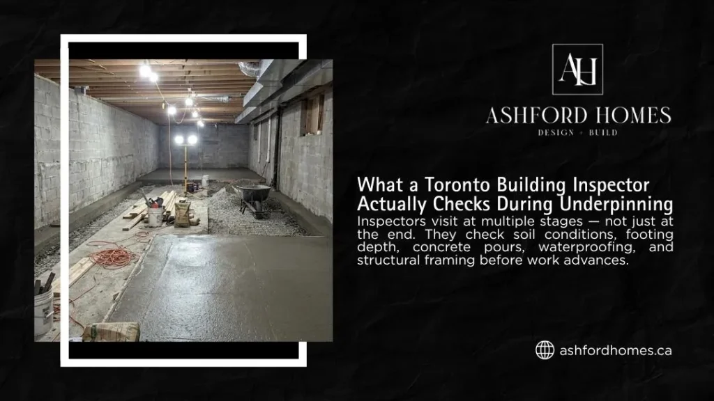 Ashford Homes infographic showing a Toronto basement underpinning in progress, with concrete floors, block walls, and construction materials under inspection.