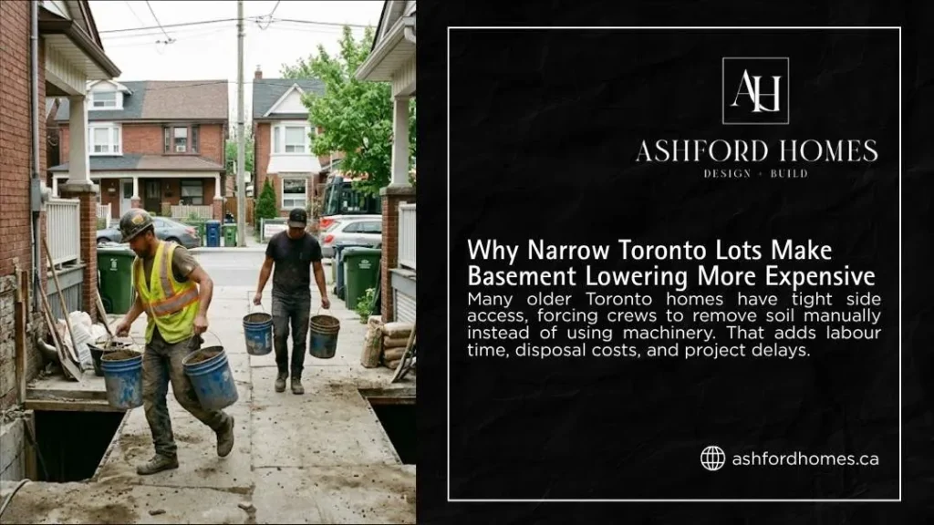 Ashford Homes infographic "Why Narrow Toronto Lots Make Basement Lowering More Expensive" showing workers manually carrying buckets of soil from a tight residential basement excavatio