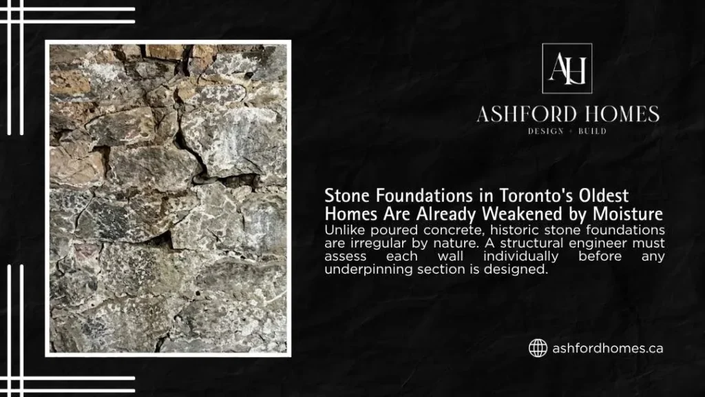 Ashford Homes infographic showing a cracked, moisture-damaged stone foundation in an older Toronto home, emphasizing the need for structural engineering before underpinning.