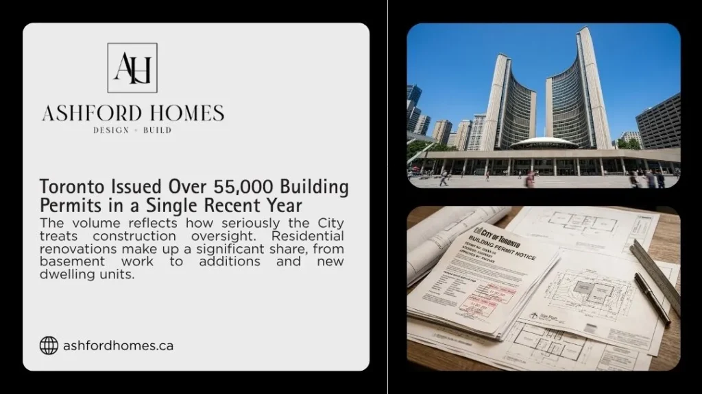 Ashford Homes infographic showing Toronto City Hall and a City of Toronto building permit notice with blueprints, highlighting over 55,000 building permits issued in one year.