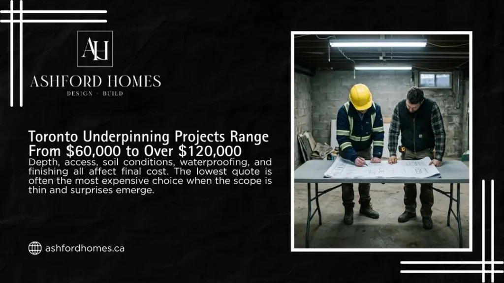 Ashford Homes infographic showing two contractors reviewing blueprints in a basement, illustrating Toronto underpinning project costs ranging from $60,000 to over $120,000.