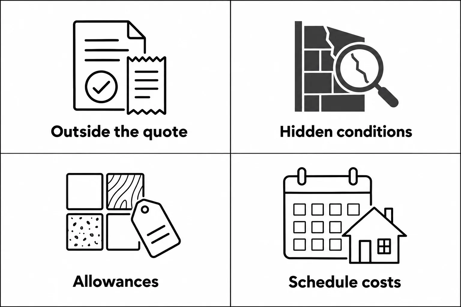 Four-part infographic sorting renovation costs into costs outside the quote, hidden conditions, allowances, and schedule-related household costs