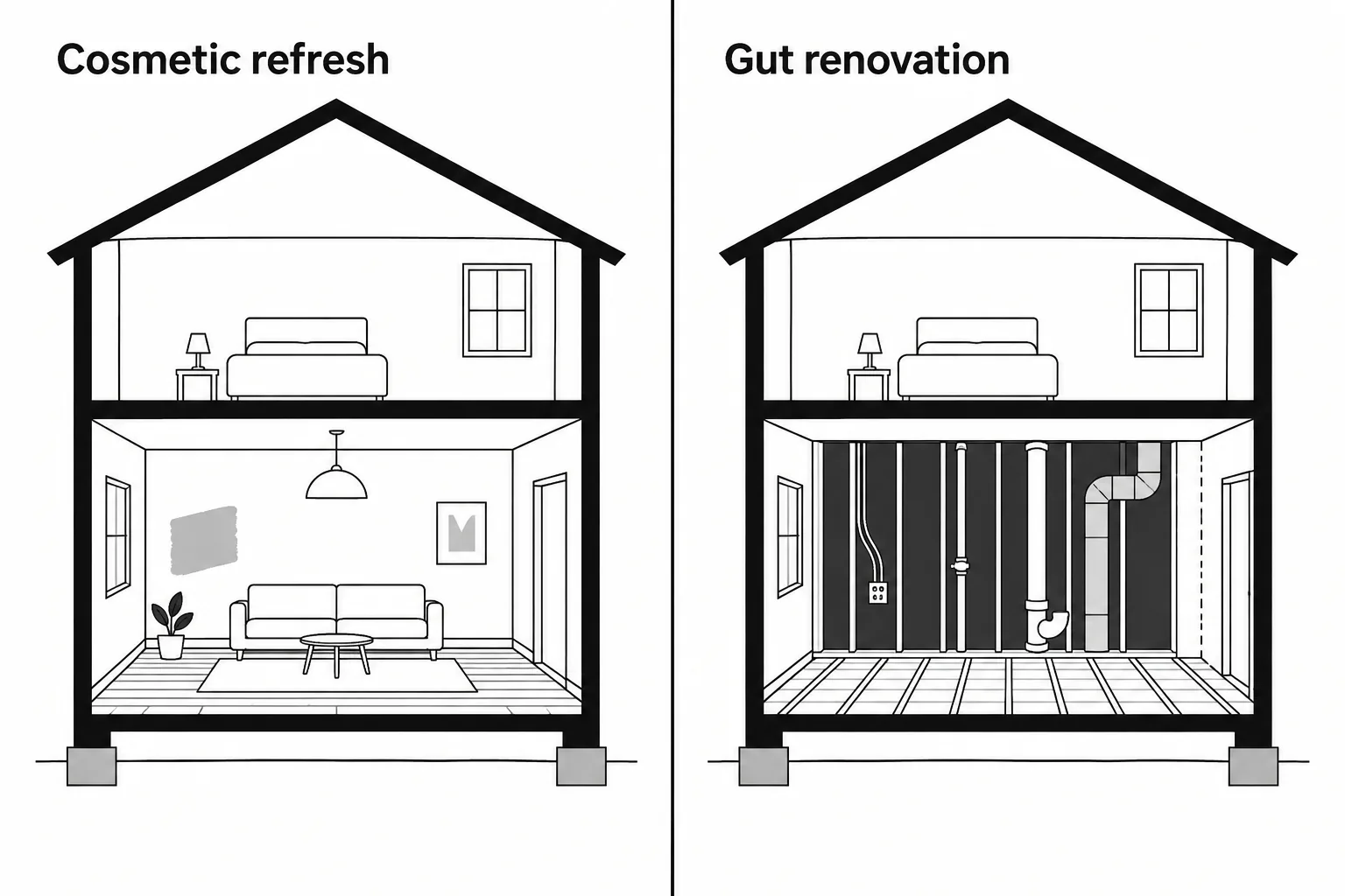Side-by-side diagram comparing a cosmetic refresh, where only surface finishes change, with a gut renovation, where walls open and wiring, plumbing and ductwork are replaced