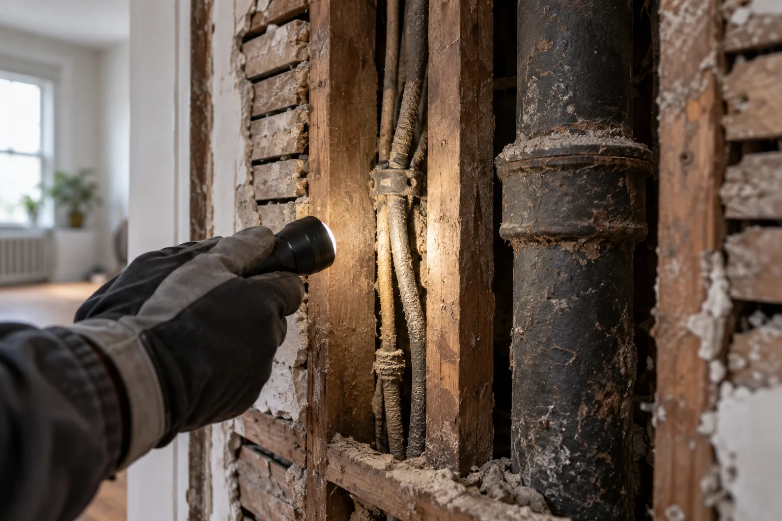 Tradesperson inspecting old wiring and a cast-iron drain stack inside an opened wall of an older Toronto home, showing hidden must-fix work